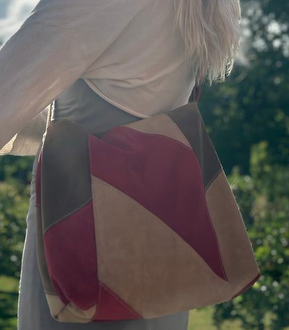 Taske, patchwork i lækkert ruskind