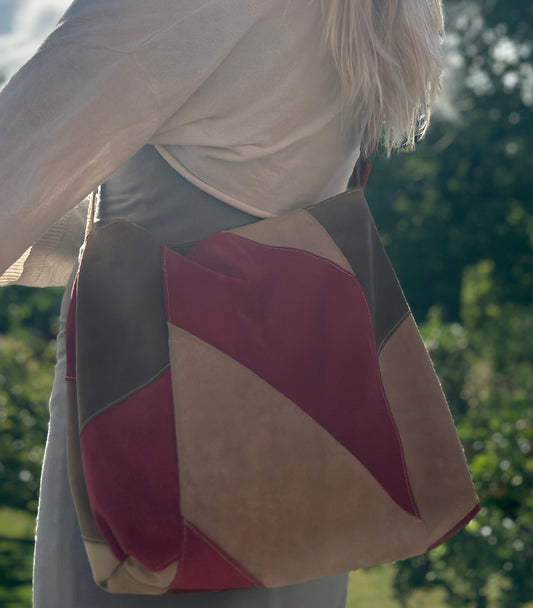 Taske, patchwork i lækkert ruskind