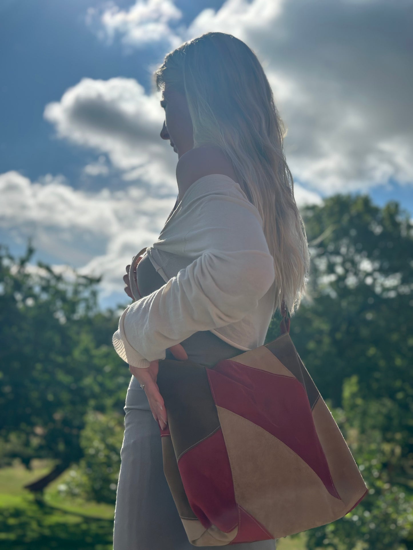Taske, patchwork i lækkert ruskind